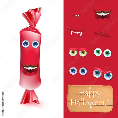 Halloween emoji face character alive candy monster for your scenes template. Emotion set of wrapped red chocolate candy. Trick or treat sweets. Vector illustration for greeting card, ad, promotion