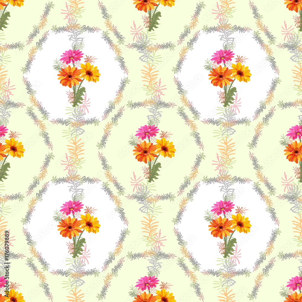Obraz premium Vector square floral seamless pattern with bouquet of Gerbera daisy and small green twigs of Asparagus, flowers, leaves on green background, illustration for fabric, wallpaper, wrapping, vintage