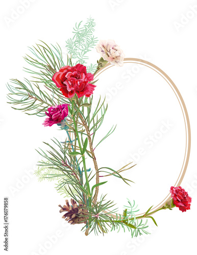 Bouquet of carnation, white, red flowers, green twigs asparagus, pine branches, cones, white background. Round frame for Christmas, Mother's Day, digital draw, illustration in watercolor style, vector