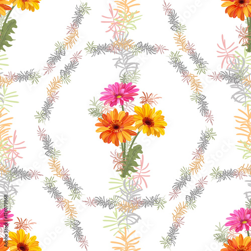 Vector square floral seamless pattern with bouquet of Gerbera daisy and small green twigs of Asparagus  flowers  leaves on white background  illustration for fabric  wallpaper  wrapping  vintage