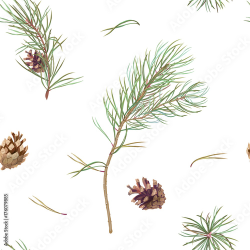 Vector square seamless pattern with green pine branches and brown cones, needles on white background, illustration for fabric, wallpaper, wrapping, vintage
