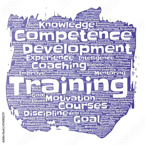 Vector conceptual training, coaching or learning, study paint brush word cloud isolated on background. Collage of mentoring, development, motivation skills, career, potential goals or competence