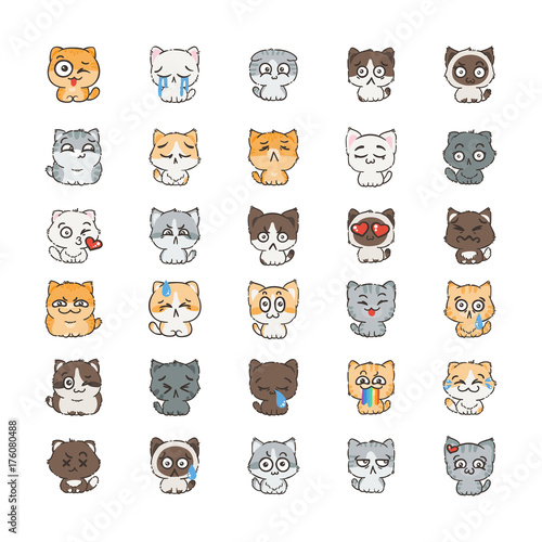 Cute cartoon cats and dogs with different emotions. Sticker collection.