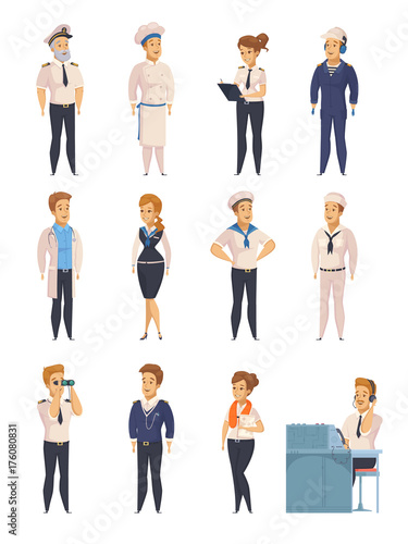Yacht Ship Cartoon Characters Set