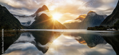 Beautiful Sunrise in Milford Sound, New Zealand photo