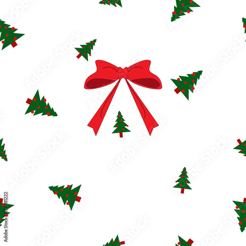 Seamless pattern green Christmas fir trees big and small, red balls and bow on white background, vector, eps 10