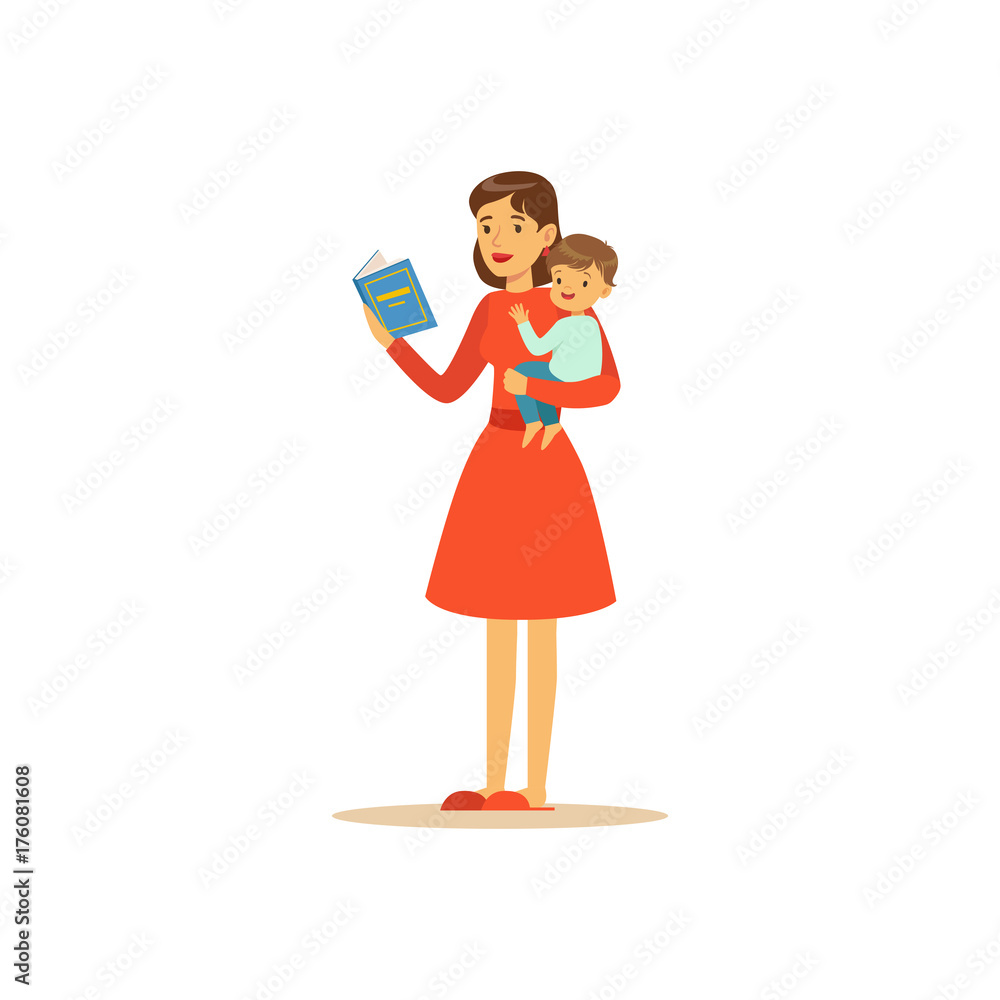 Super mom character with child, reading book - obrazy, fototapety, plakaty 
