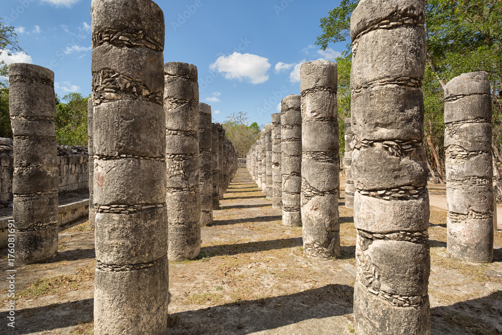 columns in the Temple of a Thousand Warriors at the Chichen Itza archaeological site in Mexico