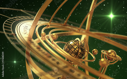 Fotografie Armillary Sphere And Stars On Green Background