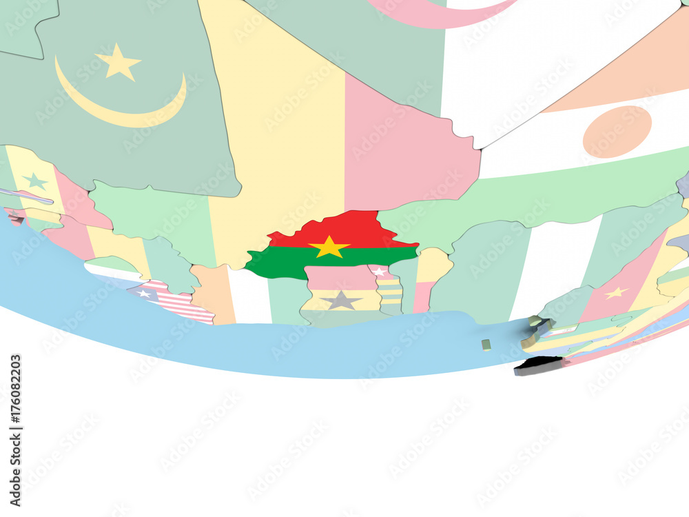 Obraz premium Map of Burkina Faso with flag on globe