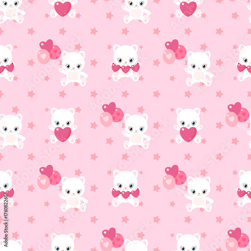 Pink pattern of cute cats for Valentine's Day. Kittens with hearts and balloons. Children's characters.