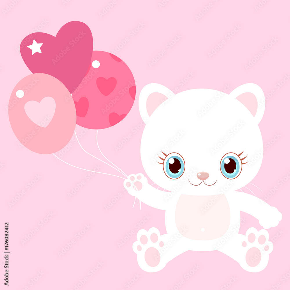 Nice white cat with balloons.. Little kitty. Children's character. Valentine's Day.