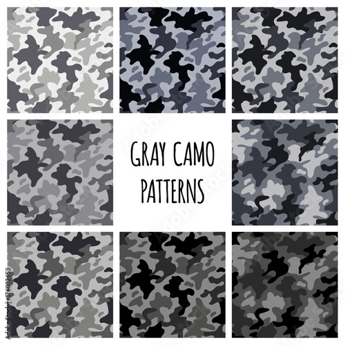 Modern fashion vector trendy gray camo patterns set.