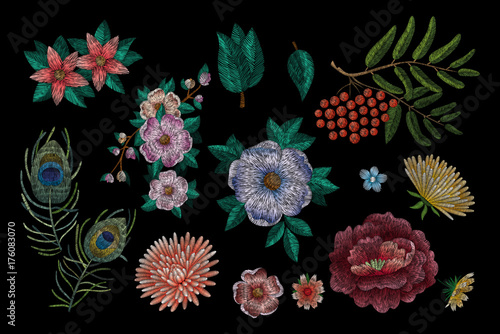 set of flowers. Traditional folk stylish stylish floral embroidery on the black background. Sketch for printing on fabric, clothing, bag, accessories and design. Vector, trend