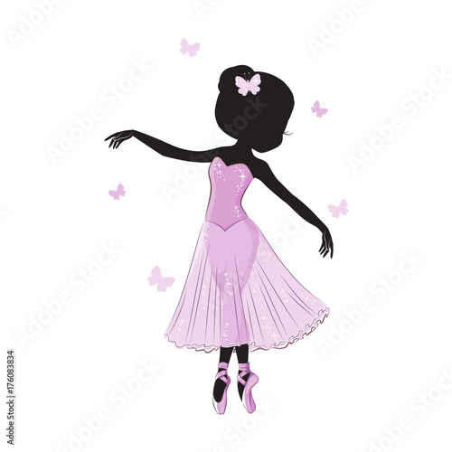Silhouette of cute little ballerina in pink dress isolated on white background.  Vector design. Print for t-shirt. Romantic hand drawing illustration for children.