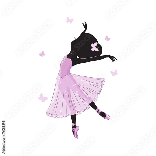 Silhouette of cute little ballerina in pink dress isolated on white background.  Vector design. Print for t-shirt. Romantic hand drawing illustration for children.