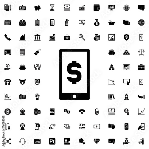 Dollar sign on mobile phone icon. set of filled finance icons.
