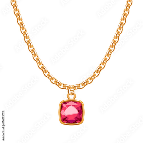 Golden chain necklace with ruby gemstone pendant.