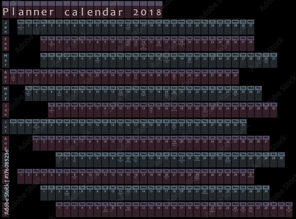 2018 Planner calendar, organizer and schedule with holiday days posted inside 