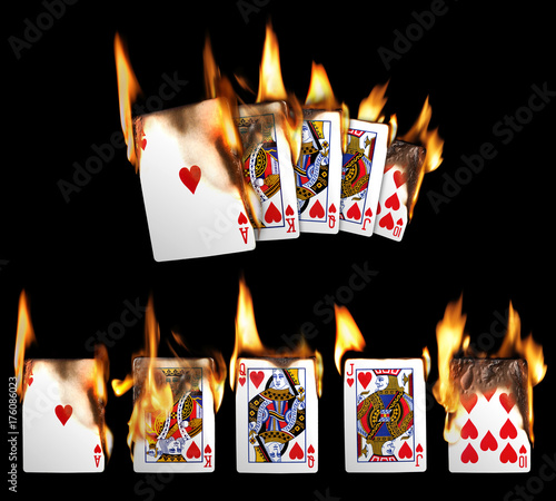 Real Burning Playing Cards with red hot Flames Isolated on Black Background: Royal Flush photo