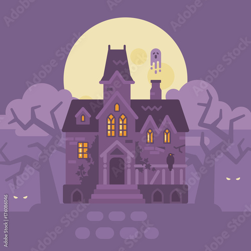 Abandoned gothic mansion with ghosts. Halloween haunted house flat illustration. Trick or treat. Dark fantasy background