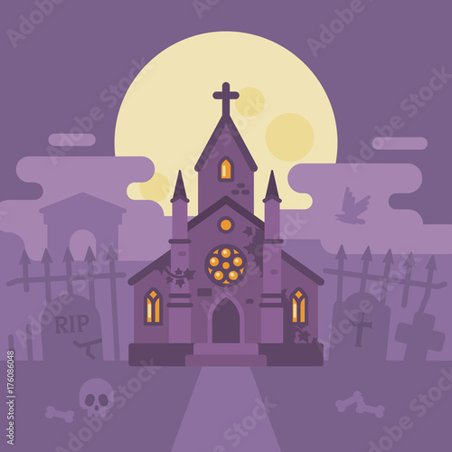 Gothic cemetery with a haunted chapel. Halloween graveyard flat illustration. Trick or treat. Dark fantasy background