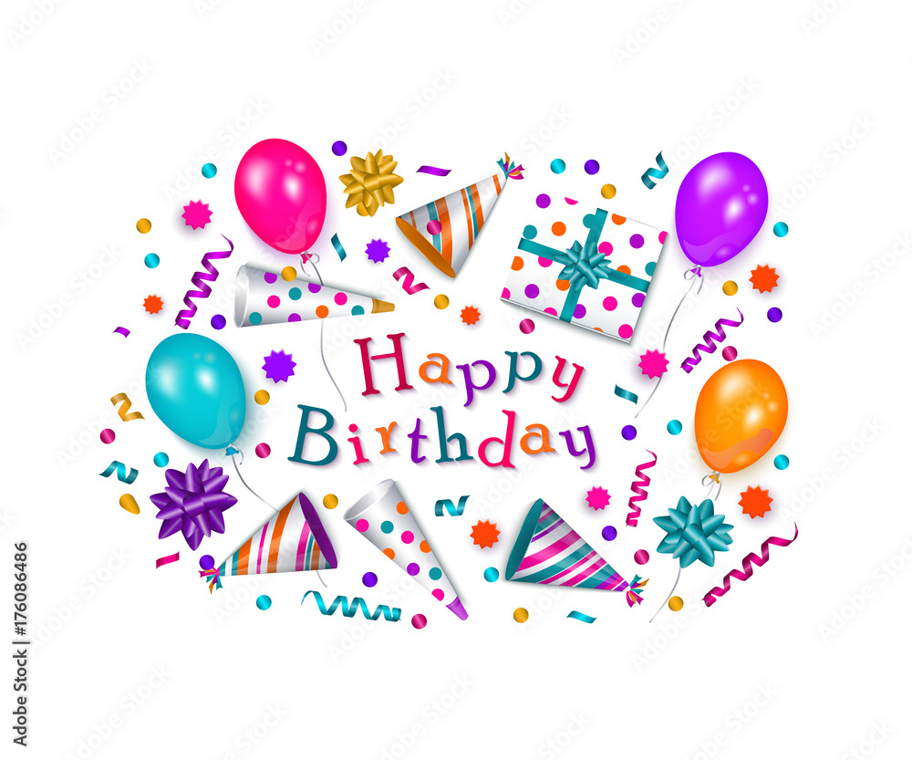 Happy Birthday greeting card, banner, poster design with realistic cake,  present box, party hat, horn, balloon and lettering, vector illustration  isolated on white background. Birthday greeting card Stock Vector | Adobe  Stock
