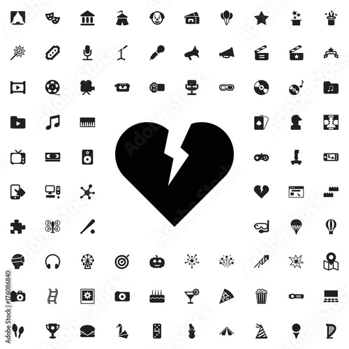 Broken heart icon. set of filled entertainment icons.