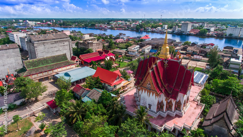 Aerial view of city, river and community, Lifestyle Thailand.