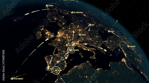 European Flight Connections. Global Communications - Destinations all over the World. Global Communications through the Network of Connections over Europe.