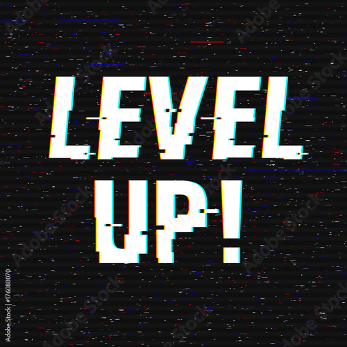 Level Up glitch text. Anaglyph 3D effect. Technological retro background. Vector illustration. Creative web template. Flyer, poster layout. Computer program, console screen, retro arcade