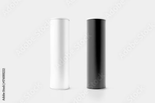 Canvas Print Blank black and white cardboard cylinder box mockup with plastic lid, 3d rendering