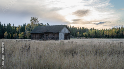 old barn on field in the sunset