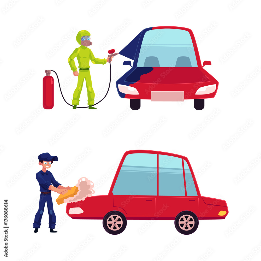 Auto mechanic, car service worker, technician painting and washing a car,  cartoon vector illustration isolated on white background. Auto mechanic  washing a car and painting it with airbrush Stock Vector | Adobe
