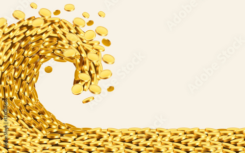 The wave of money. Huge tsunami wave of gold coins. Jackpot or success concept.