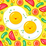 Kawaii illustration of breakfast. Good morning illustration. Smiling fried eggs with vegetables on a yellow background.