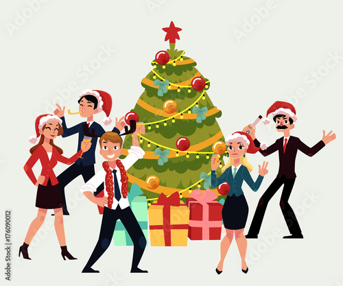Happy people having corporate Xmas party, dancing around Christmas tree, cartoon vector illustration isolated on white background. Corporate Christmas party - Xmas tree, people in Santa Claus hats