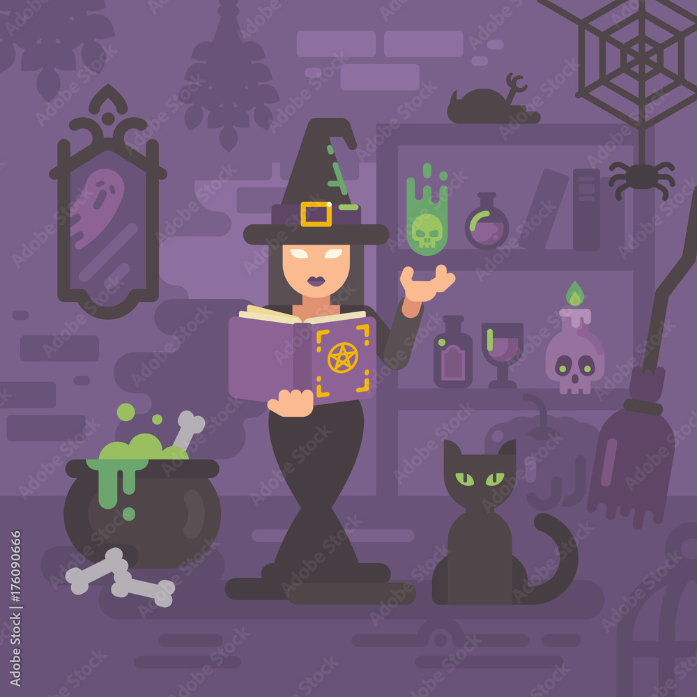 Witch in her house studying magic. Young sorceress casting a magic spell.  Witch kitchen with magic items. Trick or treat. Halloween night flat  illustration Stock Vector | Adobe Stock