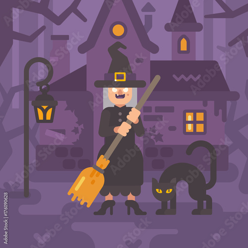 Old witch with a broom and a black cat standing near her hut in a dark forest at night. Trick or treat. Halloween character flat illustration