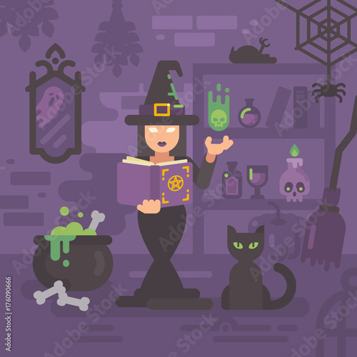 Witch in her house studying magic. Young sorceress casting a magic spell. Witch kitchen with magic items. Trick or treat. Halloween night flat illustration