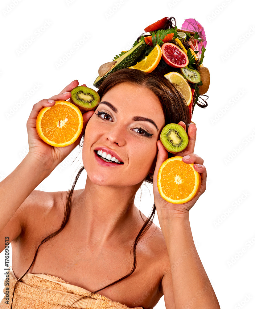 Hair mask from fresh fruits on woman head. Girl with beautiful face and  hairstyle hold halves of orange for skin and body therapy. Female bare  shoulders. Acceleration of hair growth. Stock Photo |