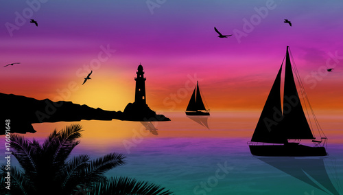 Yachts and lighthouse on beautiful place at sunset