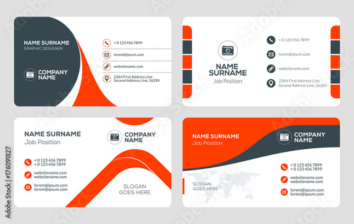 Set of 4 business card templates. Flat design vector illustration. Stationery design. Red and black color theme