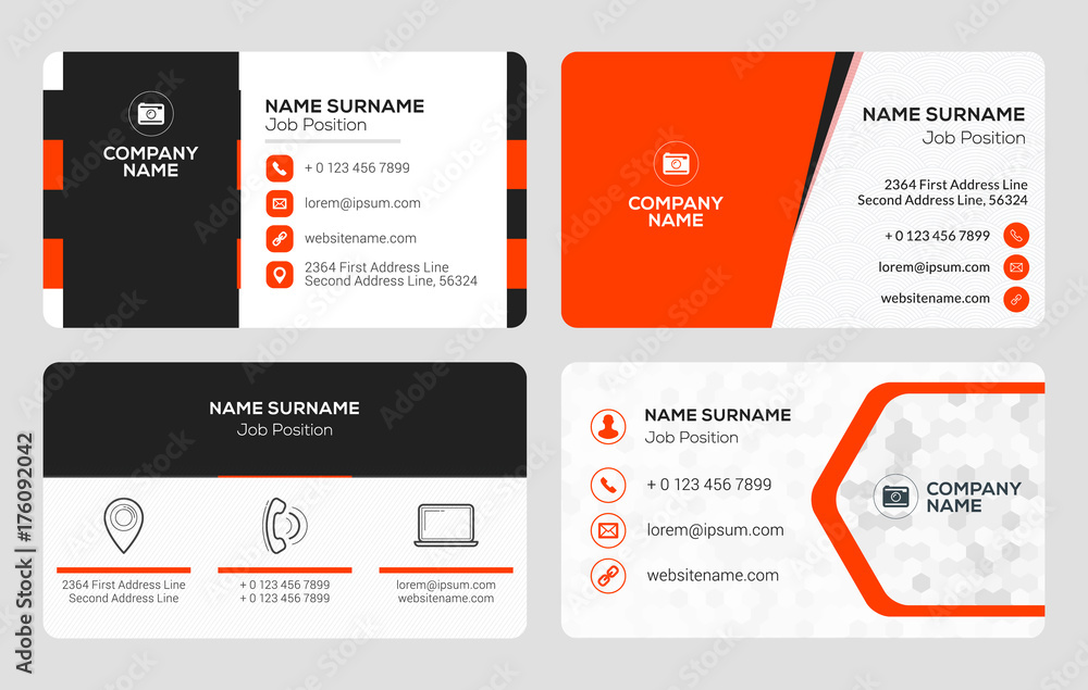 Set of 4 business card templates. Flat design vector illustration. Stationery design. Red and black color theme Set of 4 business card templates. Flat design vector illustration. Stationery design. Red and black color theme