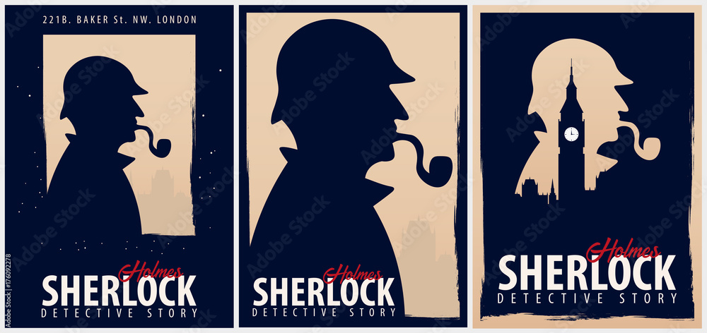 Obraz premium Set of Sherlock Holmes posters. Detective illustration. Illustration with Sherlock Holmes. Baker street 221B. London. Big Ban.