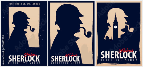Set of Sherlock Holmes posters. Detective illustration. Illustration with Sherlock Holmes. Baker street 221B. London. Big Ban. photo
