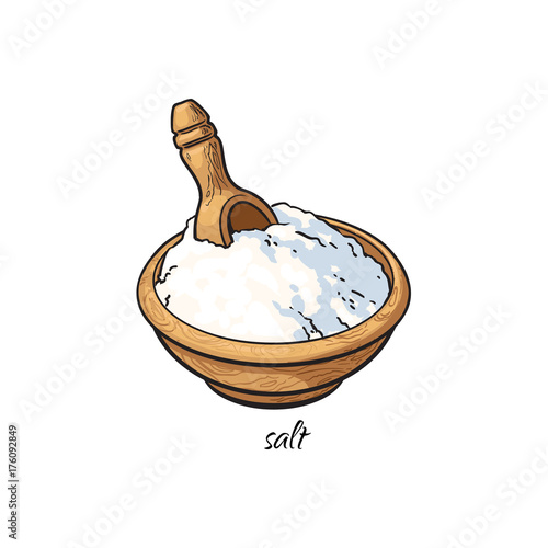 Bowl of sea salt with wooden shovel with caption, sketch style vector illustration isolated on white background. Hand drawn bowl of sea salt, vector illustration