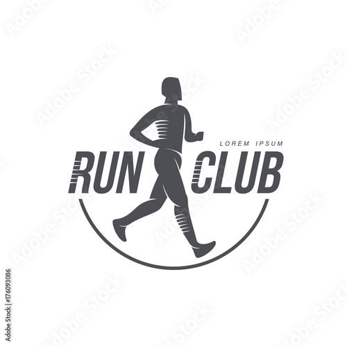 Sportive man jogging, running marathon brand, logo design icon pictrogram silhouette. Male adult character illustration with run club inscription. Isolated flat illustration on a white background.