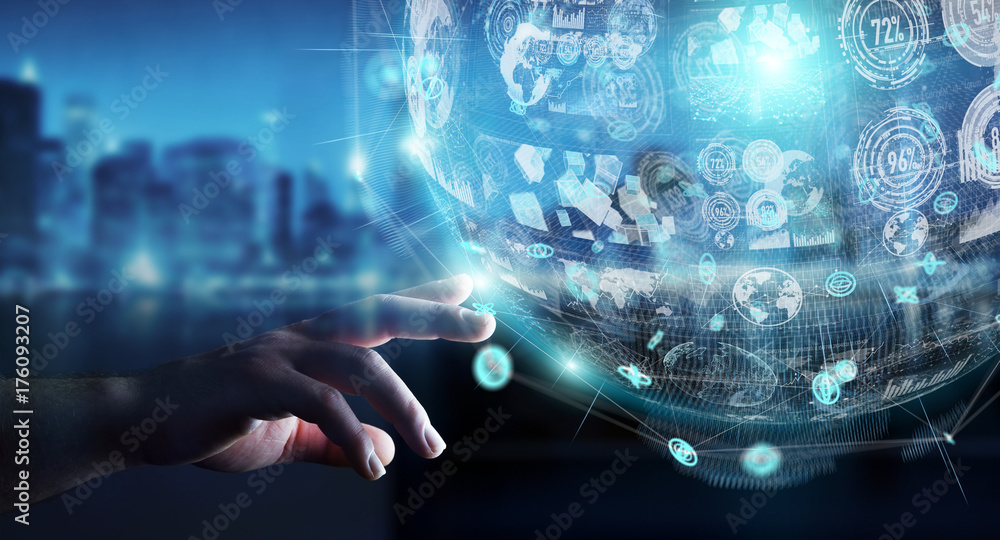 Fototapeta premium Businessman using holograms datas digital sphere 3D rendering