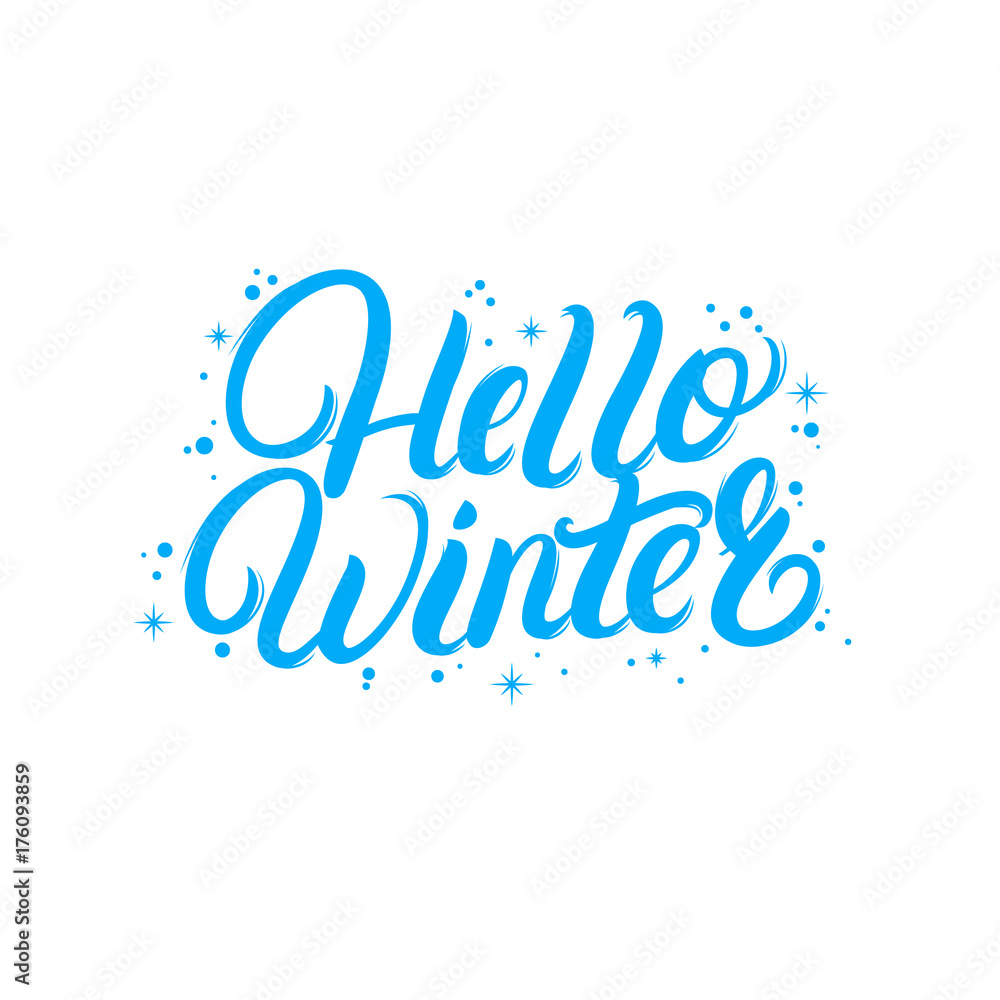 Hello Winter hand written lettering quote for invitation, greeting card, teev prints and posters.